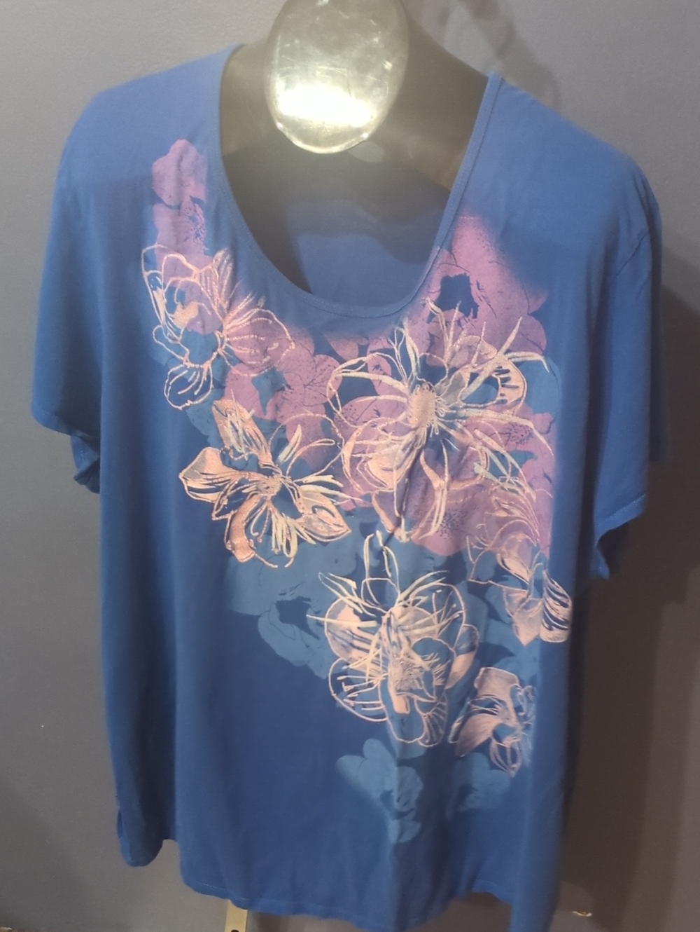 Just My Size Blue Scoop Neck Tee with Pink Floral Print